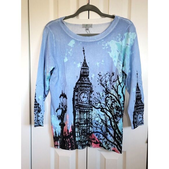 Joseph A Sweater "Big Ben" Ladies' Sweater Printed Both Sides Sz M NWT *Has SNAG - Picture 1 of 6